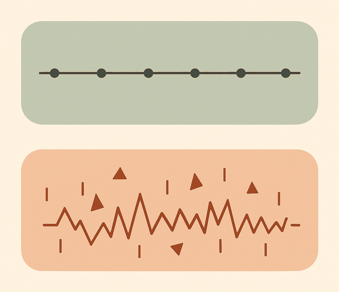 Diagram of two separate panels. The upper panel shows a steady hormone level sitting within its normal range. The lower, unconnected panel shows continuing irregular immune antibody activity.