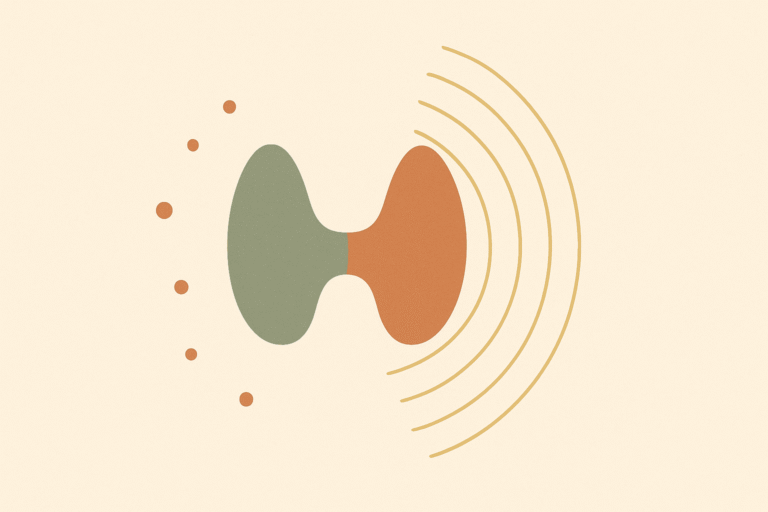 Flat illustration of a butterfly-shaped thyroid gland with energy waves fading on one side, representing ongoing fatigue despite thyroid lab results that read as normal