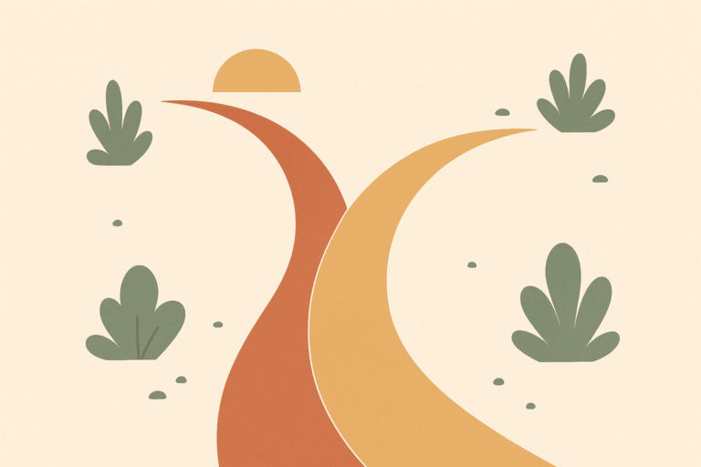 Flat illustration of a warm desert path splitting into two diverging routes beneath a rising sun, representing the choice available in the year following a prediabetes A1C result