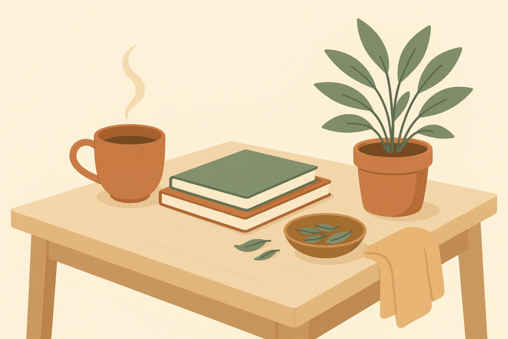 Flat illustration of a wooden consultation table holding a cup of herbal tea, two notebooks, a bowl of dried herbs and a potted sage plant