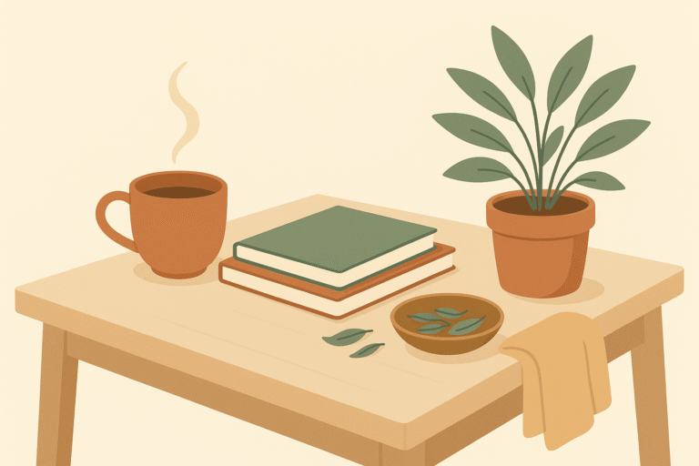 Flat illustration of a wooden consultation table holding a cup of herbal tea, two notebooks, a bowl of dried herbs and a potted sage plant